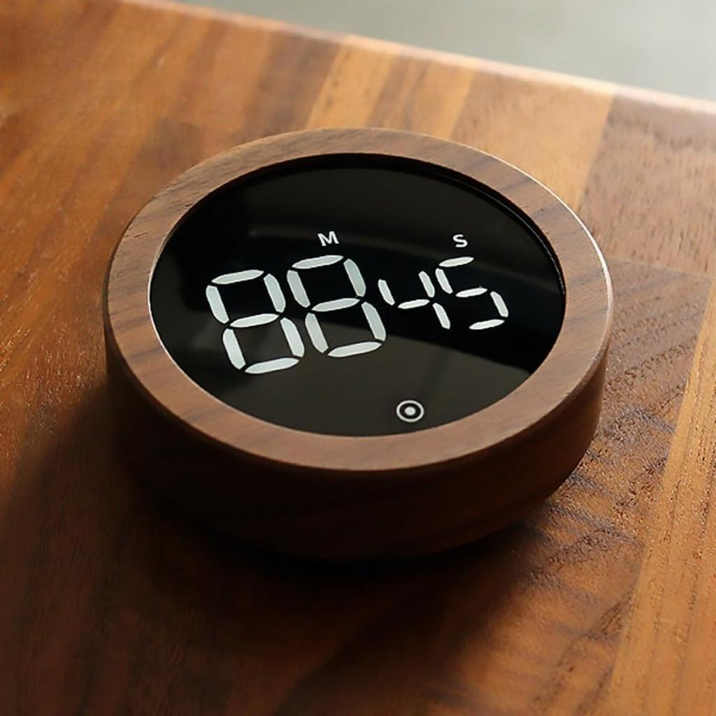 Grain Kitchen Timer Rotating LED Digital Display Magnetic Countdown Countup Timer with Round Wood Grain Case for Cooking Baking Home Kitchen Tool