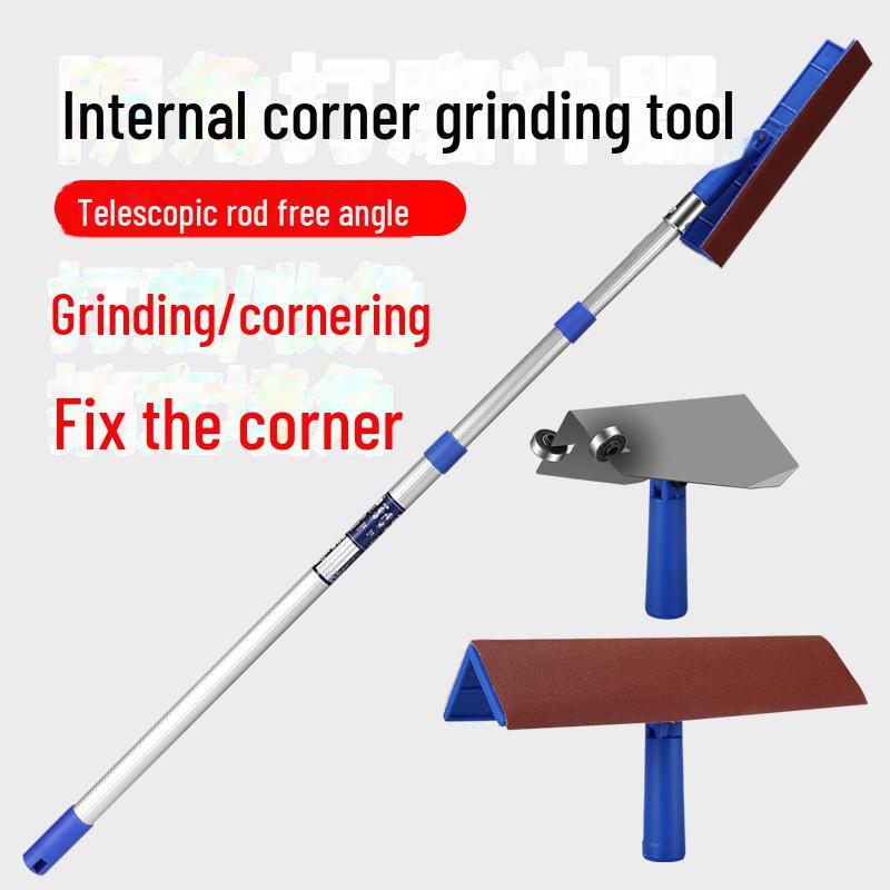 Adjustable Retractable Putty Scraper with Long Rod and Inner Corner Sandpaper for Right Angle Wall Grinding.
