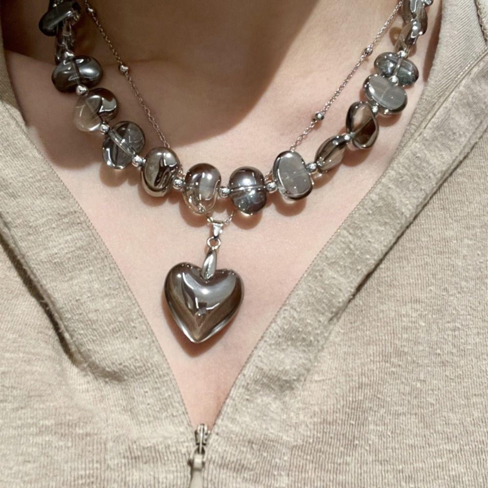 Irregular Beaded Necklace Exaggerate Heart Pendant Necklace Elegant Collarbone Chain  Party