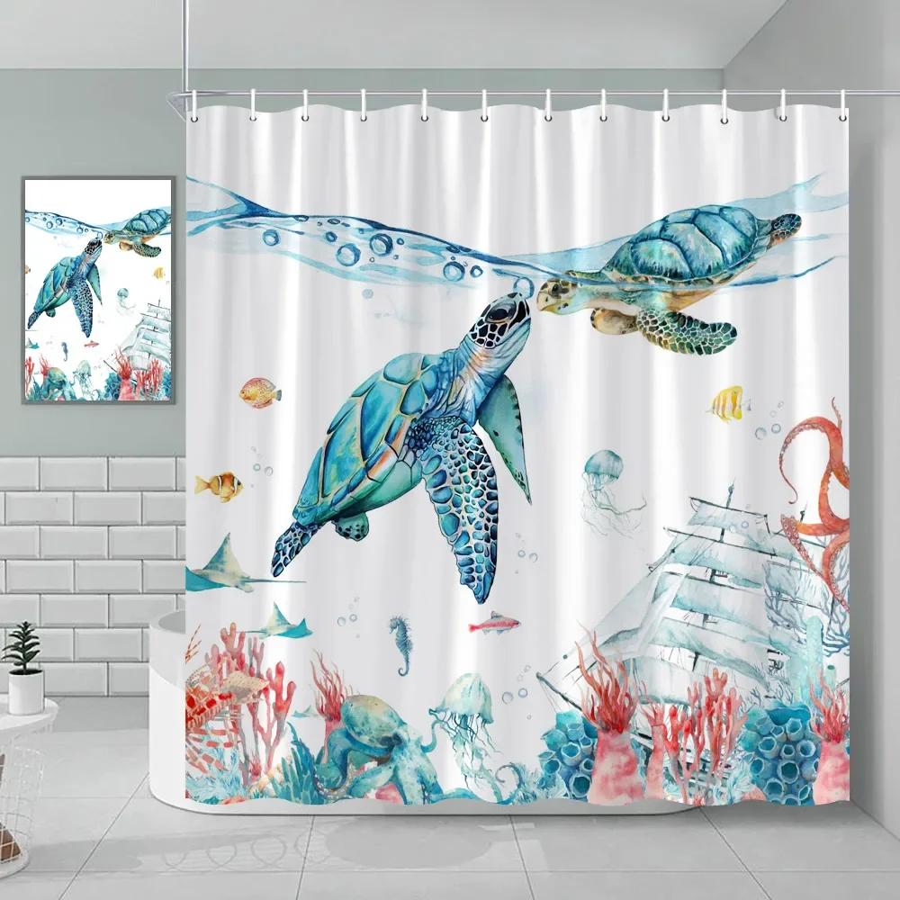 

Nautical Green Sea Turtle Beach Theme Fabric Shower Curtain Set Bathroom Blue Ocean Decor With Grommets And Hooks W60H190(CM)-1 Pcs