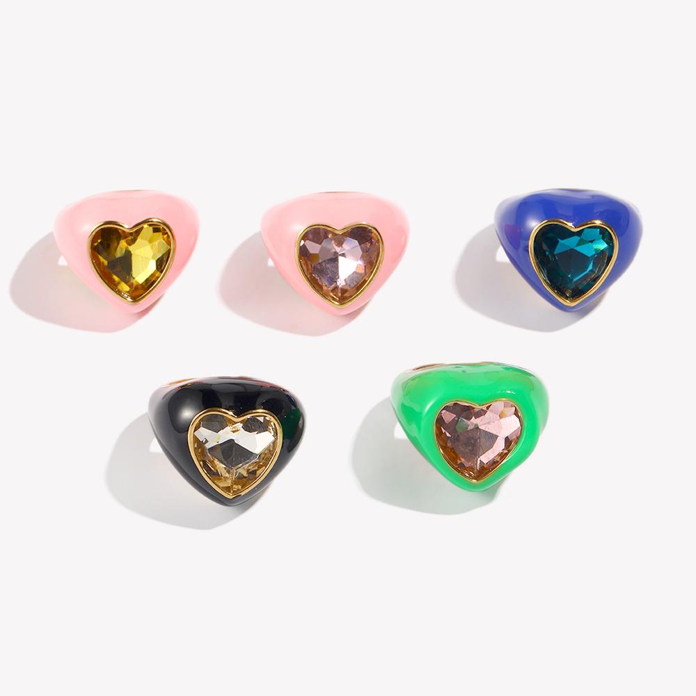 New Trendy Y2K Women's 18K Gold Plated Stainless Steel Ring Chunky Stackable Hearts Diamond Crystal Drip Oil Enamel Parties