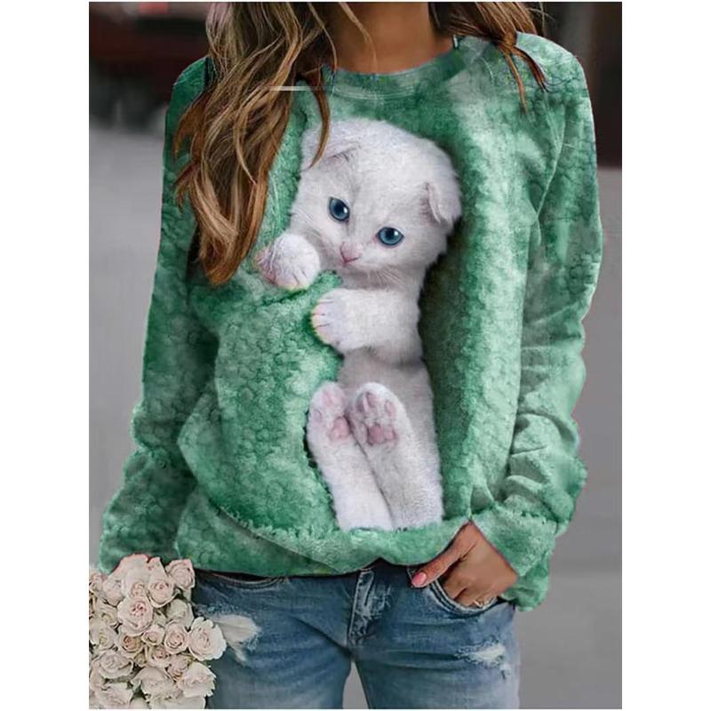 Cute Cat Print Long Sleeved Round Neck Pullover Plus Size Comfortable Casual Loose Women's Pullover