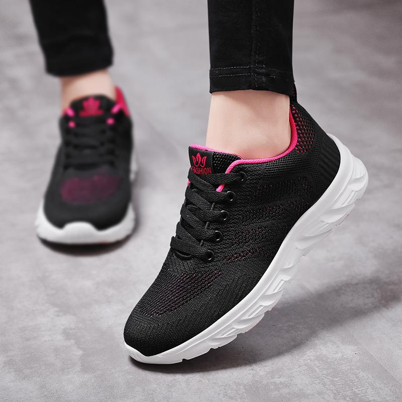 

Весенне-осенняя женская обувь, легкая повседневная обувь, кроссовки на плоской подошве, модная спортивная женская обувь с летающим плетением 39 ярко-розовый/чёрный