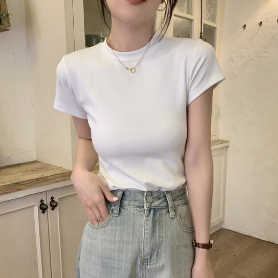 Women Slim Fit T-shirt O-neck Short Sleeve Pullover Tops Solid Color Stretchy Soft Tee Shirt Streetwear