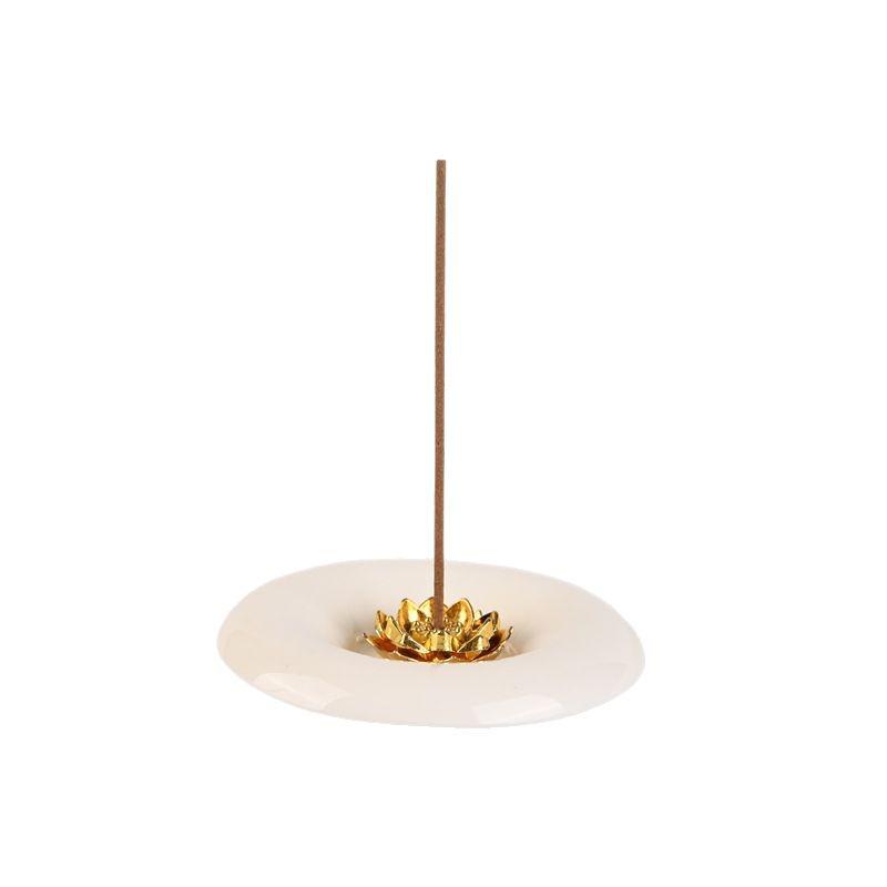 Ceramic White Lotus Alloy Incense Holder for Home Use - Suitable for Stick and Sandalwood Incense