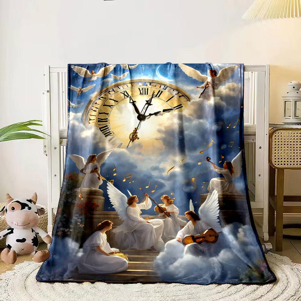 Angel Themed Clock Music Print Blanket Printed Blanket for Living Room Bed Couch lunch break Soft Cozy Blanket for Friend's festival Gift