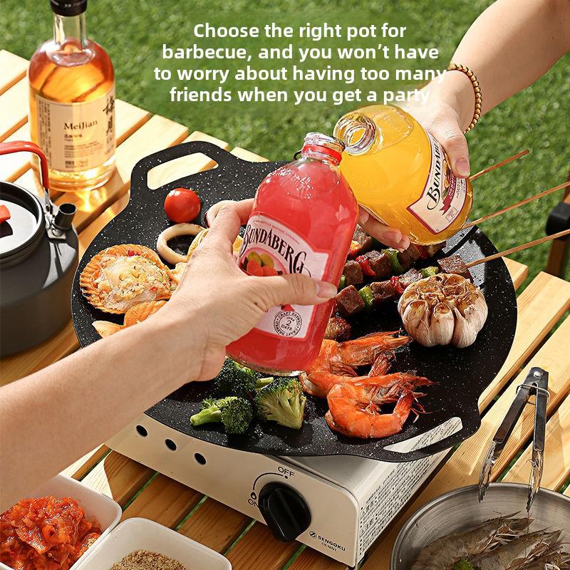 Portable Round Korean BBQ and Omelette Iron Griddle with Double Handles for Outdoor Camping