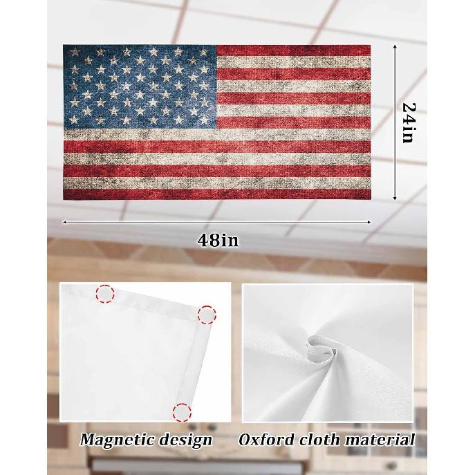 4 Pack Fluorescent Light Cover for Ceiling Lights, American Flag Magnetic Classroom Light Filters 4x2 Feet, Vintage Blue Red USA Flag Decorative