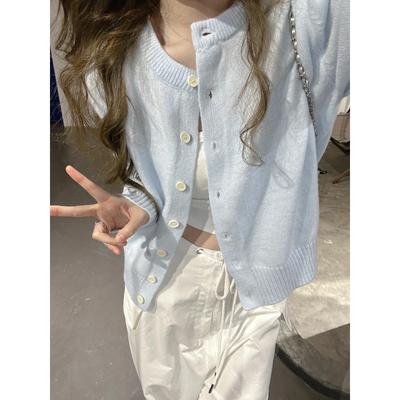 Milk Blue Sweet Knitted Cardigan Single-breasted Jacket Women's Spring and Autumn Small Soft Waxy Sweater Top