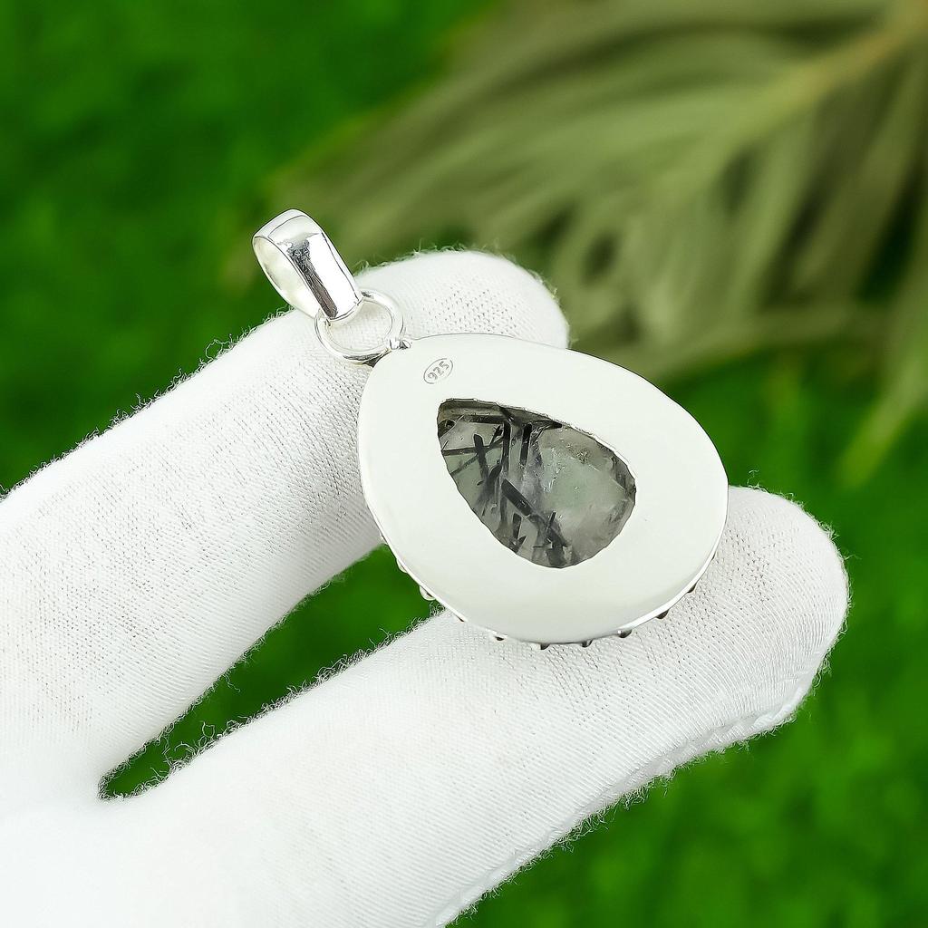 Natural Black Rutile Gemstone Pendant 925 Sterling Silver Jewelry For Girls