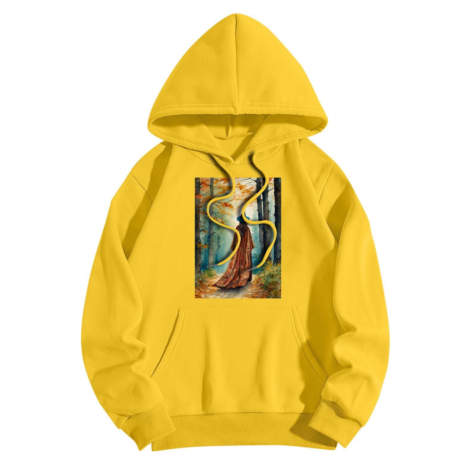 

Женская модная повседневная толстовка с капюшоном и принтом ведьмы на Хэллоуин с карманами и длинными рукавами L жёлтый