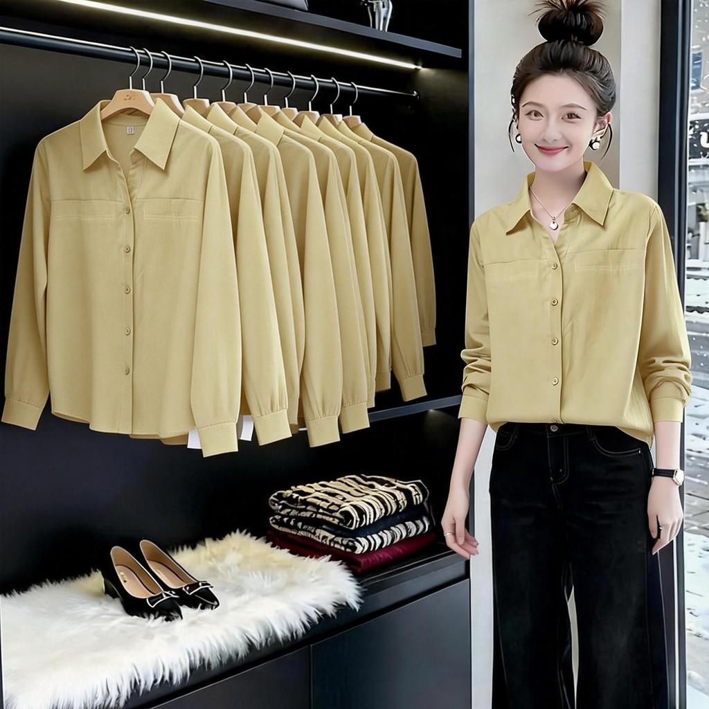 Women's Turn Down Collar Long Sleeve Blouse Loose Fit Commuter Button Down Shirt