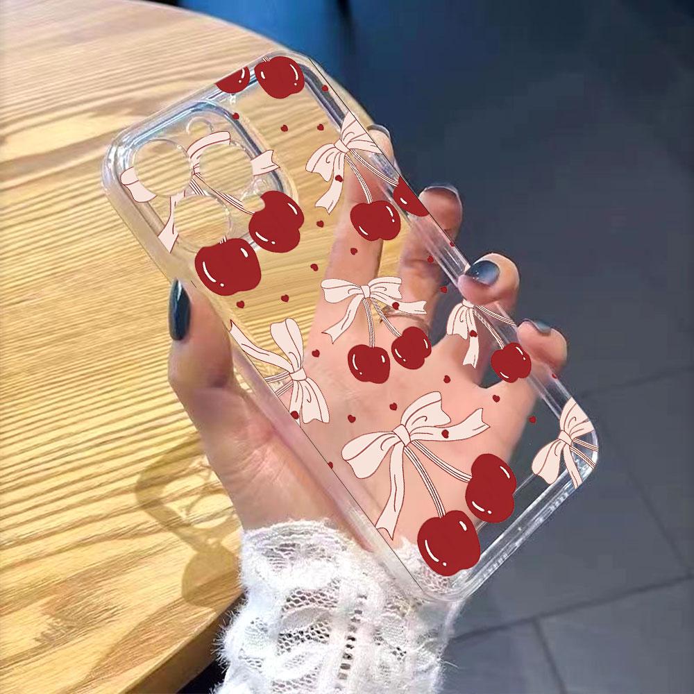 Red Cherries with Bows Pattern Phone Case for IPhone 17 15 16 14 13 12 11 Pro Max Plus 12 13 Mini TPU Protect Cover