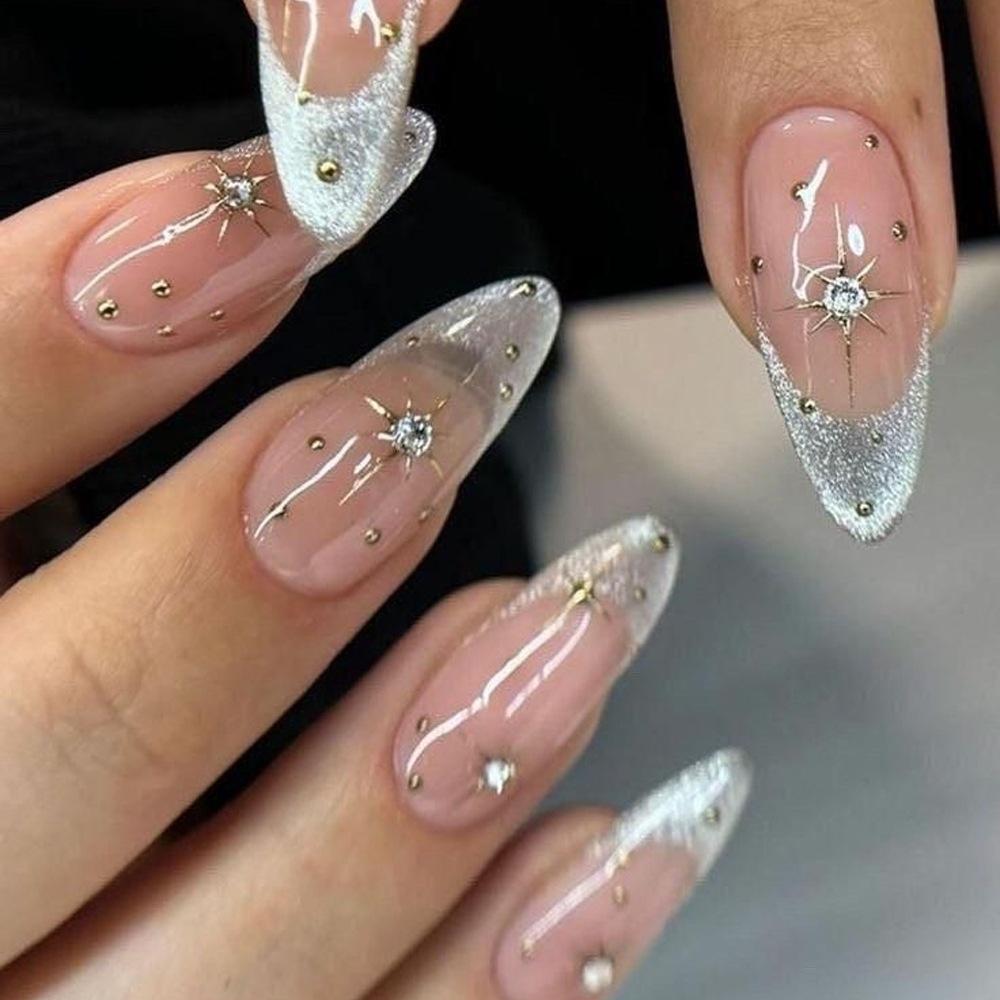 24Pcs French Almond Press On Nails Aurora Glitter Manicure Set Shiny Fake Nails With Drill Design Ready To Wear