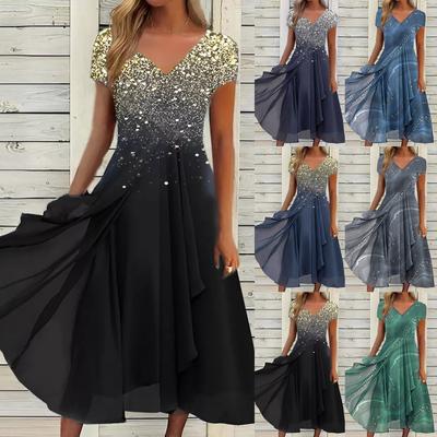 Women's Casual Printed V-Neck Zip Short Sleeve Paneled Large Long Dress