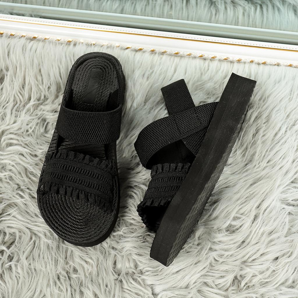 Women' & Slip-On Open-Toe Sandals with Elastic Crinkle Strap - Low Heel Sole Beach Slippers Women Shoes