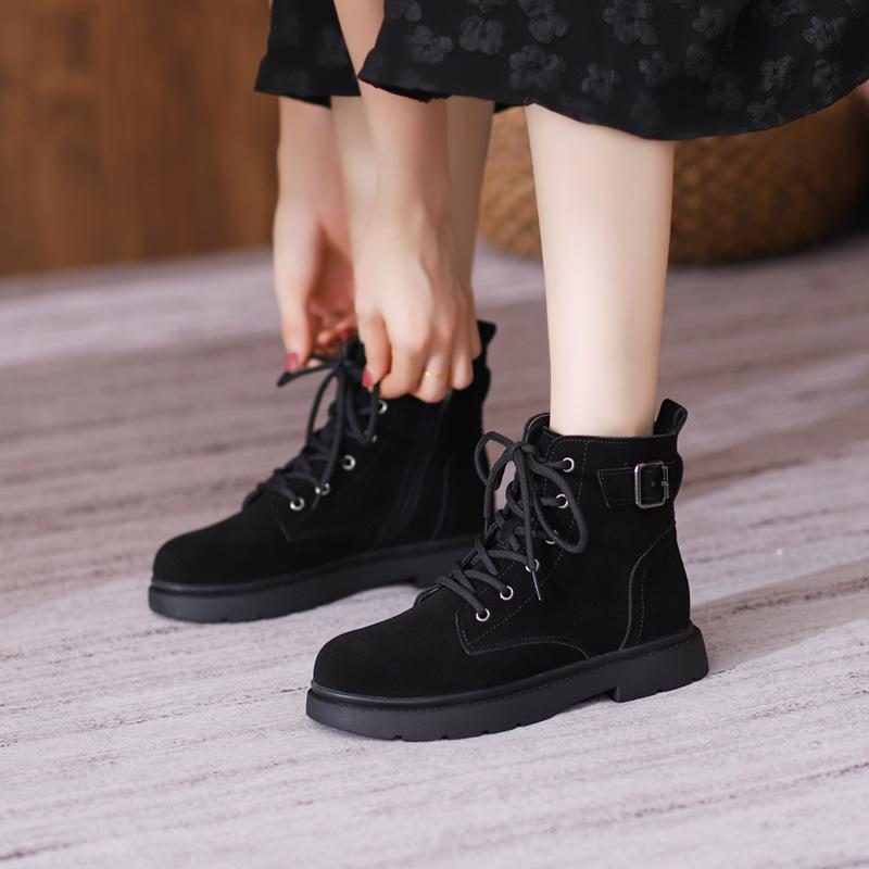 New Martin women's British frosted leather women's medium heel flat short women's lace-up leather