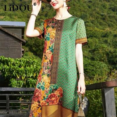 Letnia Elegancka Moda Sukienka z Nadrukiem Panie Krótki Rękaw Luźna Casualowa Midi Szata Damska Okrągły Dekolt Temperament Vestidos