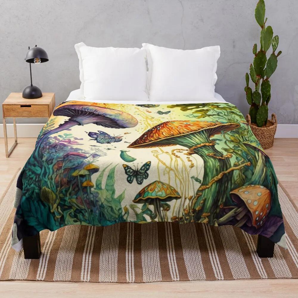 Mushroom Flannel Throw Blanket King Queen Size Brown Mushroom Pattern for Bed Sofa Couch Decor Smooth Lightweight Super Soft