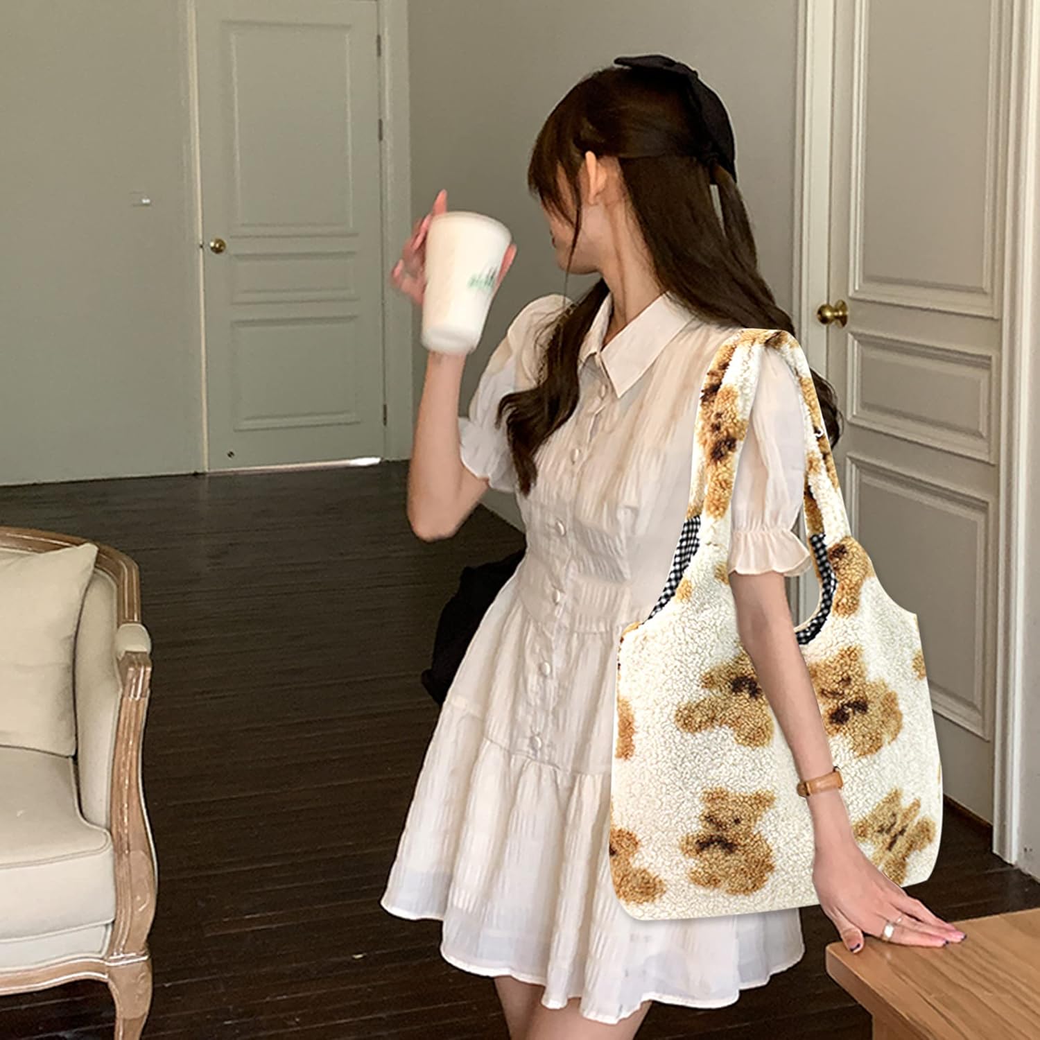 Женская Милая Плюшевая Сумка через плечо с Медведем Большая Сумка-тоут Кошелек Сумка — фото 5