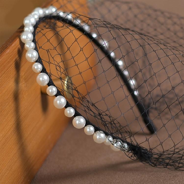 Breathable Face Veil Hairband Bridal Shower Hairhoop Head Accessory with Pearls Decors for Special Occasion Formal Outfit
