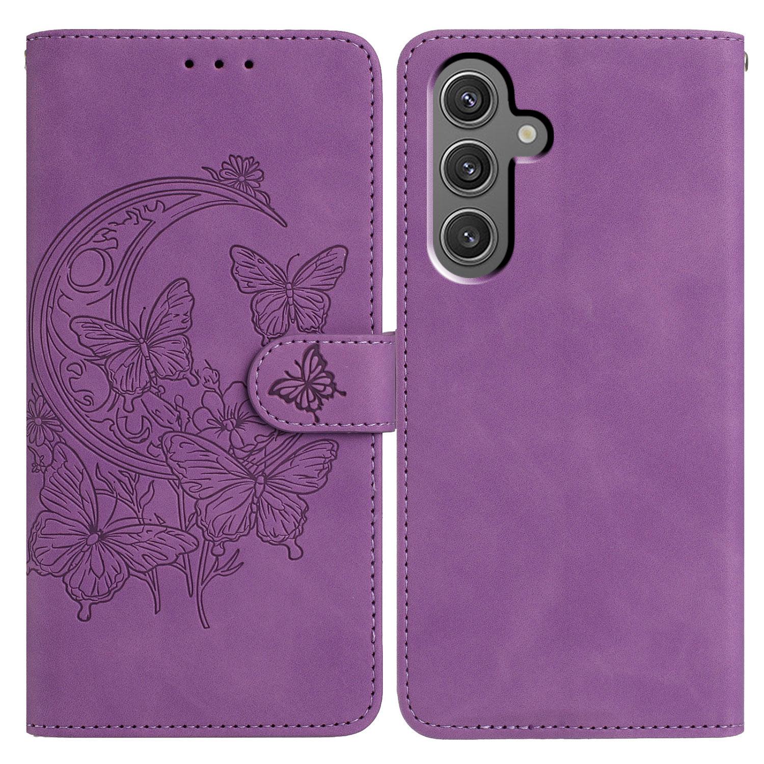 

For Samsung Galaxy A35 5G Case Butterfly Flower Imprinted PU Leather Wallet Stand Phone Cover Purple