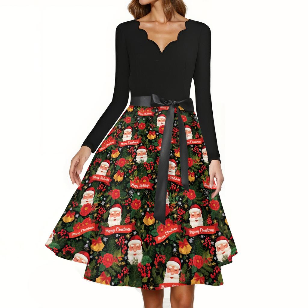 Women's Casual Christmas Print V-Neck Vintage Dress for Holiday Parties and Everyday Wear