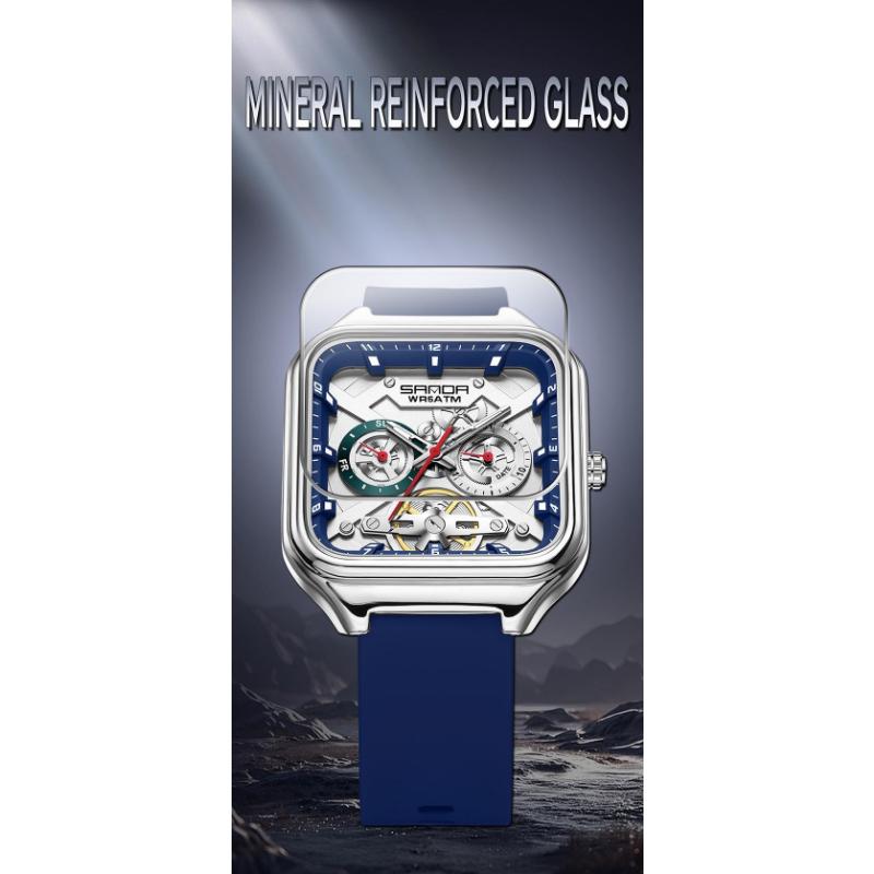 Luxury Men's Quartz Watch Fashion Square Case Week Date Display Waterproof with Silicone/Mesh Band Casual Wristwatch for Men