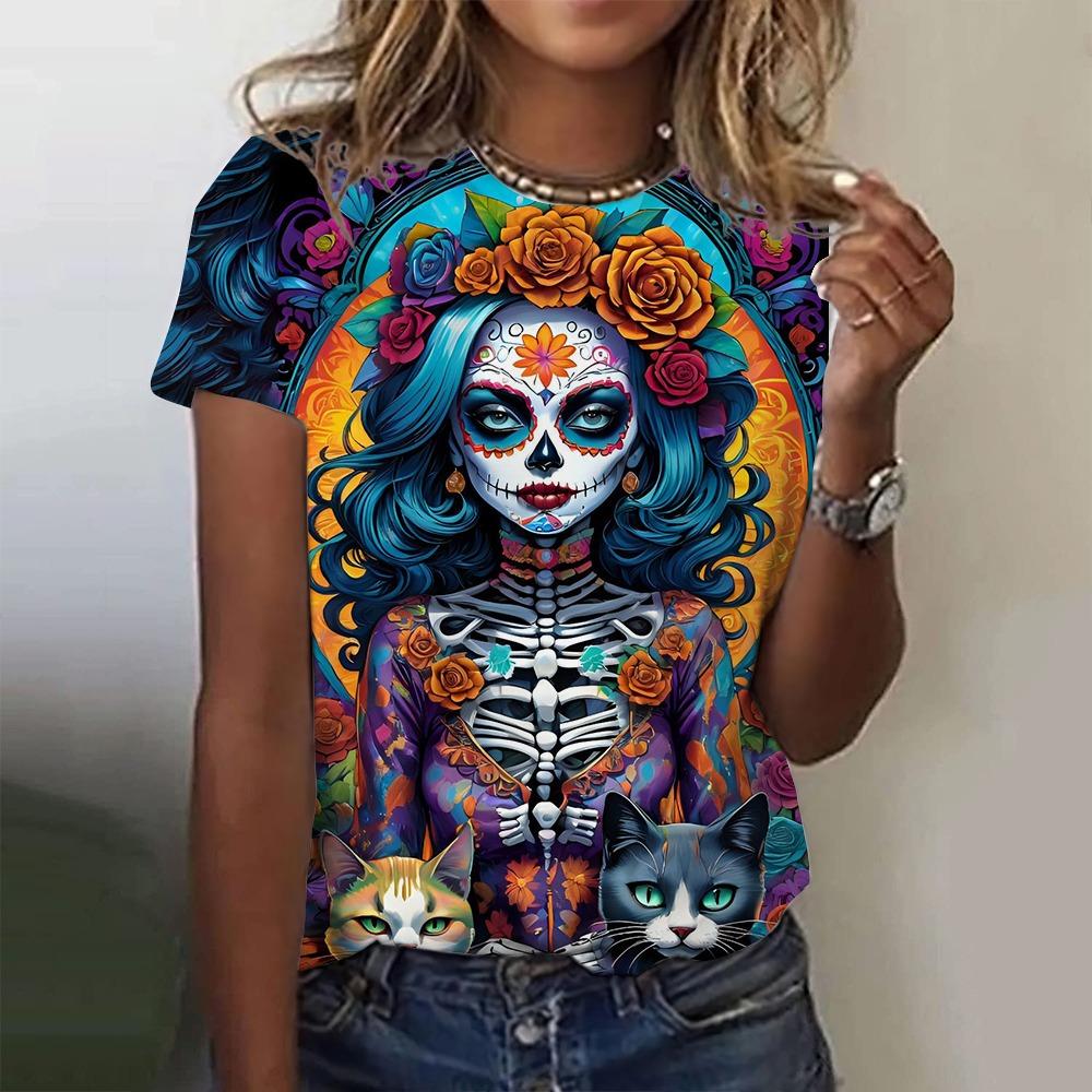 

Мексиканська жіноча футболка з 3D-принтом Catrina Goddess з круглим вирізом і короткими рукавами, вуличний одяг Y2k для дівчат 3XL