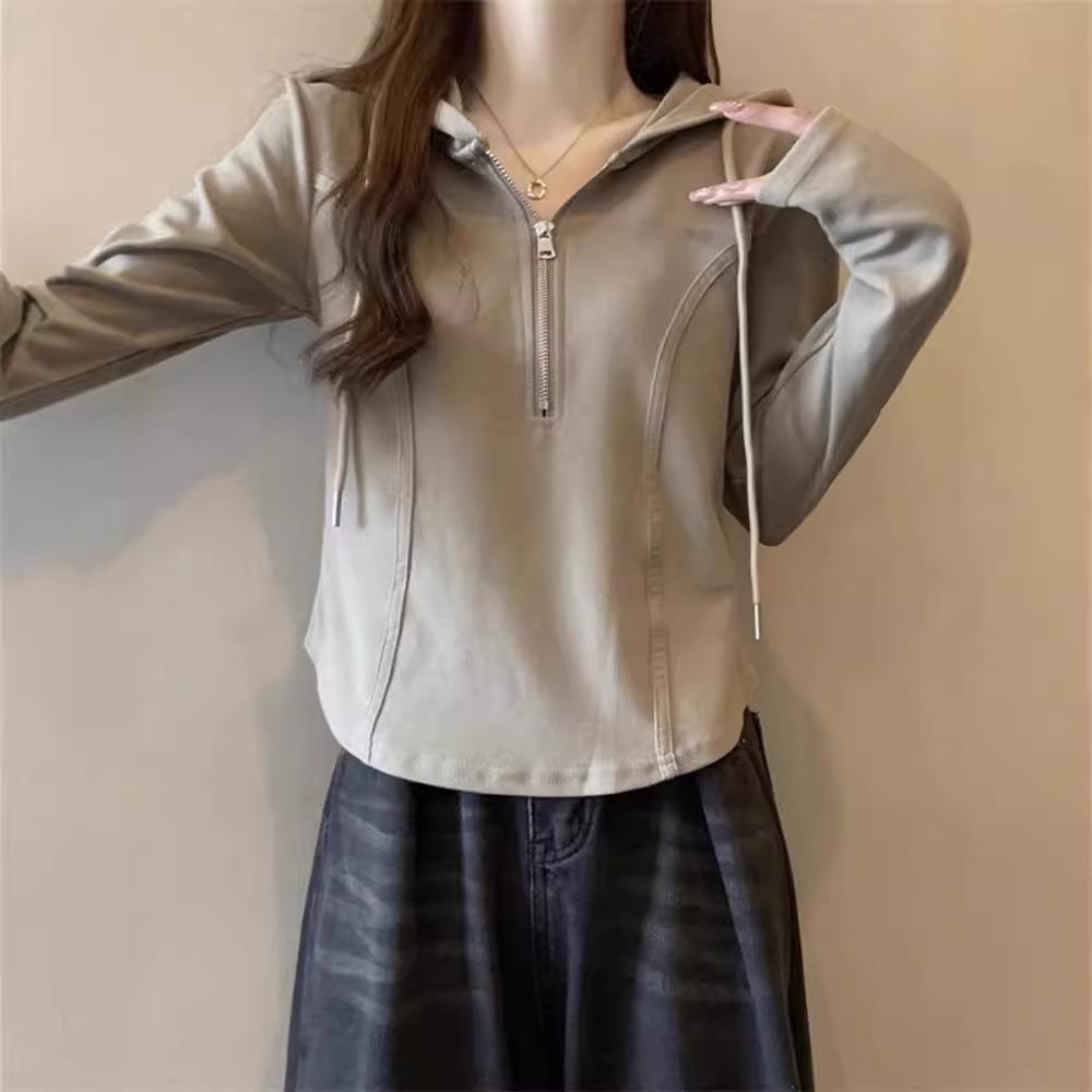 Hooded Long-sleeved T-shirt for Women's Spring and Autumn Thin Sweatshirt Underwear, New White Short Fish Bone Top