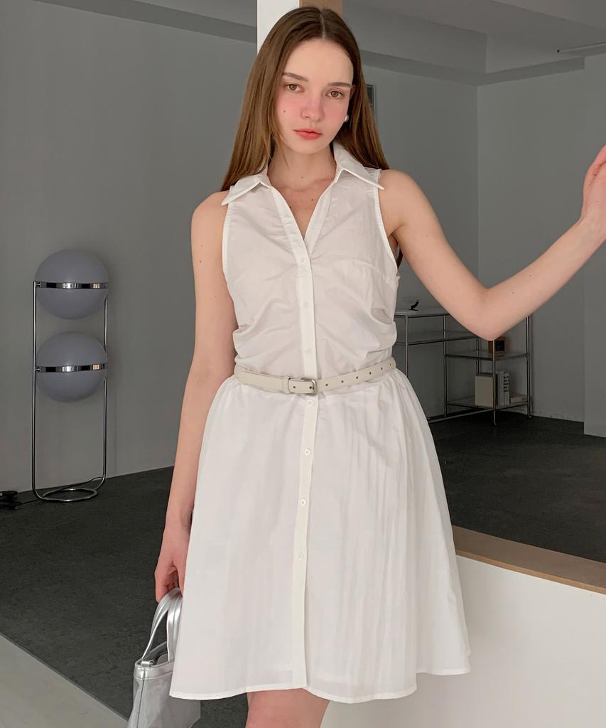 Baseukala Shirring Sleeveless Collar Shirt Mini Dress (2Colors)