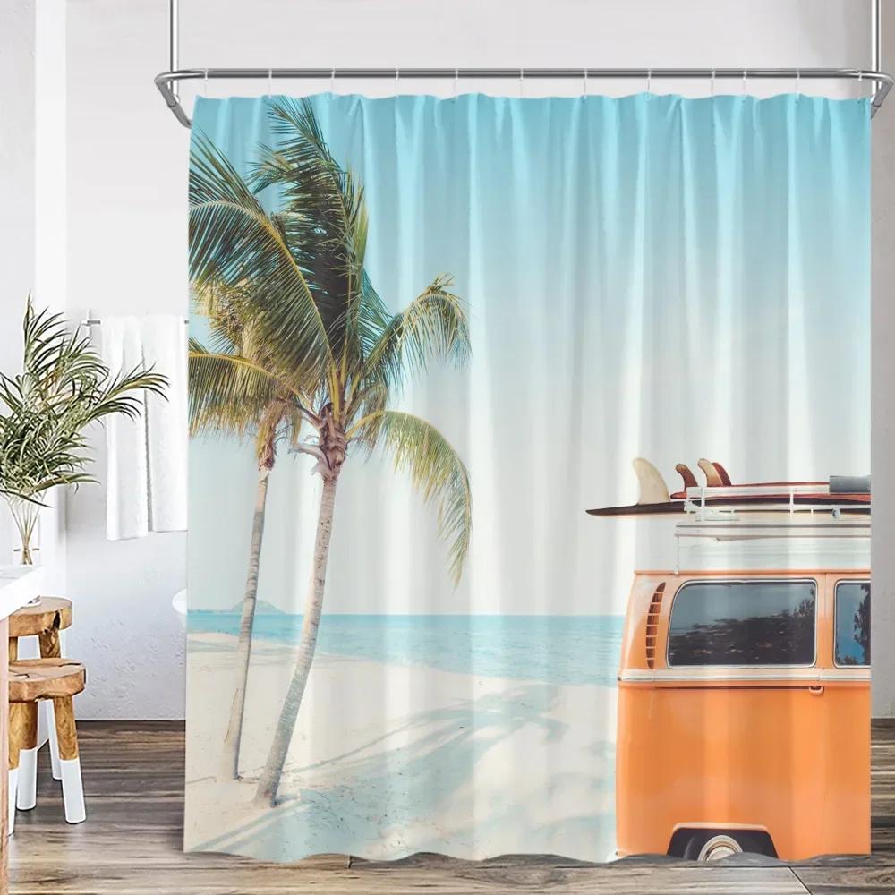 Camping Shower Curtain Camper Travel Bus Beach Coconut Tree Surfboard Outdoor Action Bathroom Decoration RV Shower Curtain