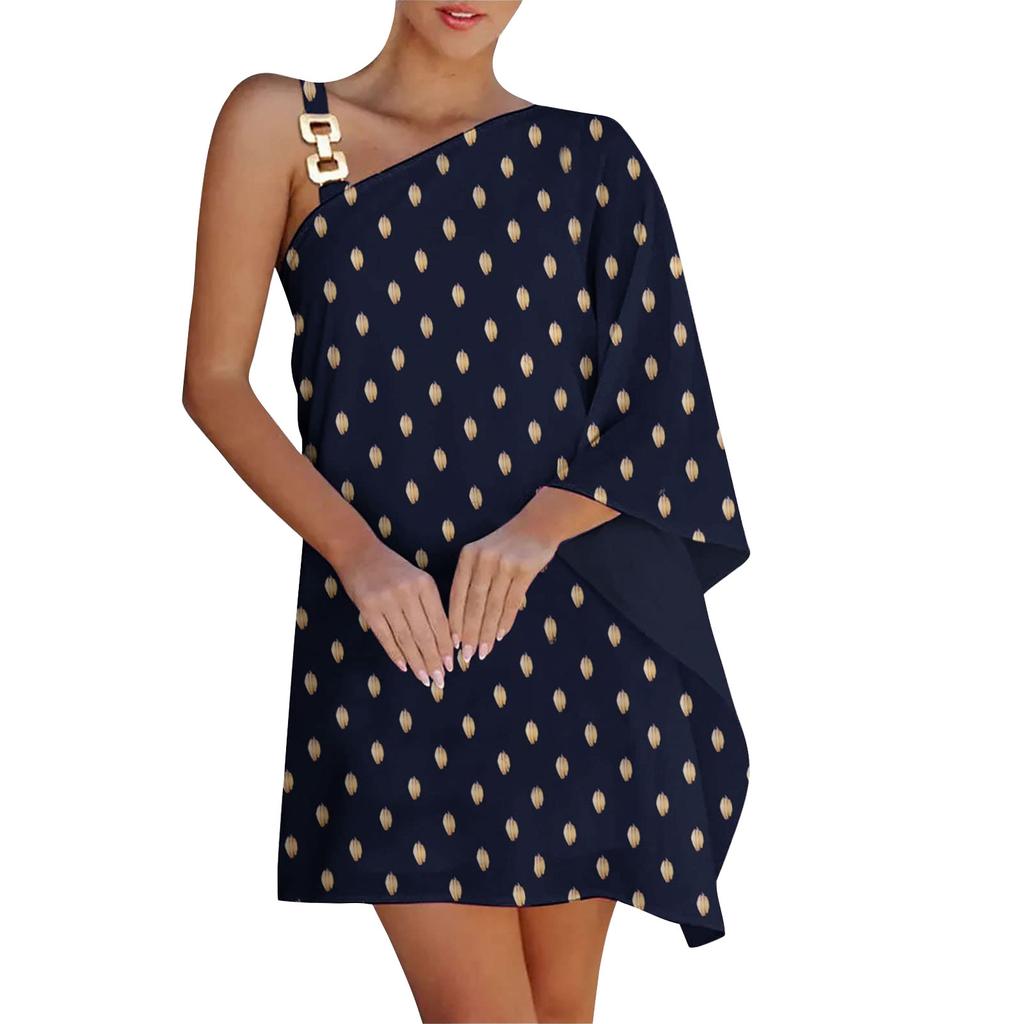 Wish Ladies Printed Chain Strap Half Off-Shoulder Dress