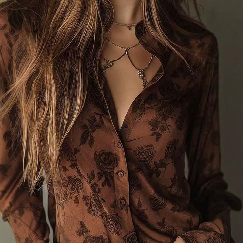 Women S Vintage Long Sleeve Floral Print Brown Shirt