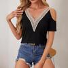 Women's Cold Shoulder Top Short Sleeve Contrast Lace V-Neck Casual Tee