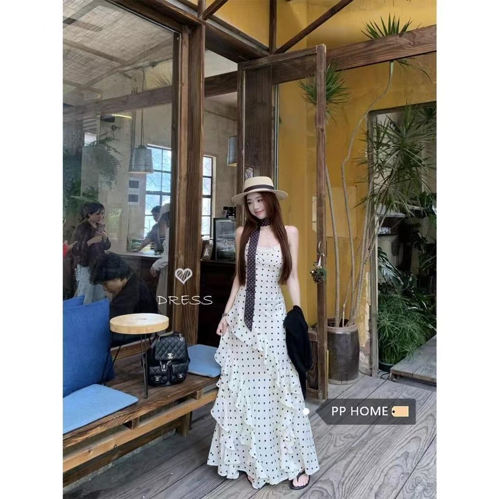 White polka dot fungus lace suspender dress, female giant looks good, beautiful in early spring, waist and thin hip skirt