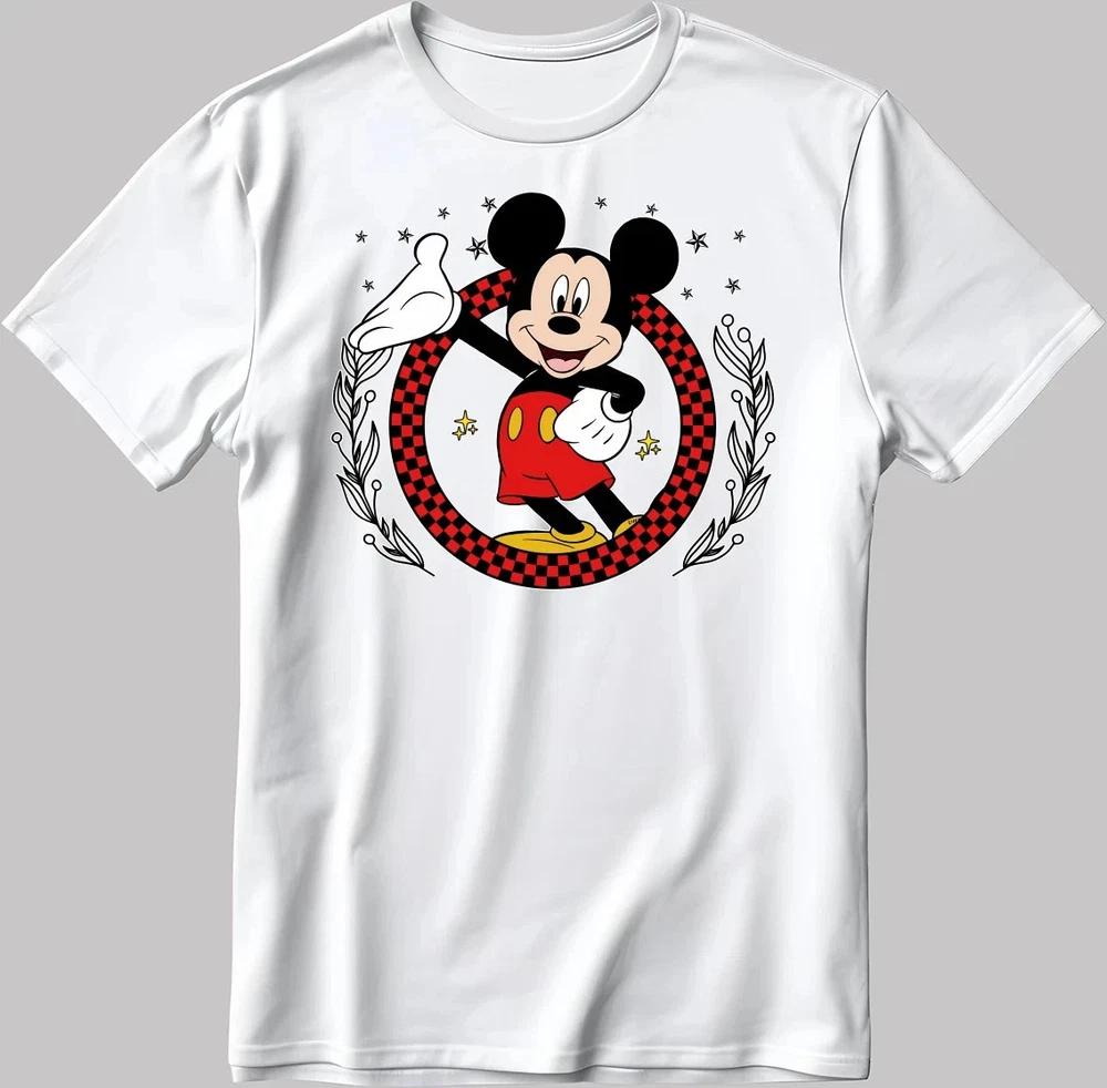 Mickey Mouse Checkered Circle Star Floral White TShirt Size S4XL2 S