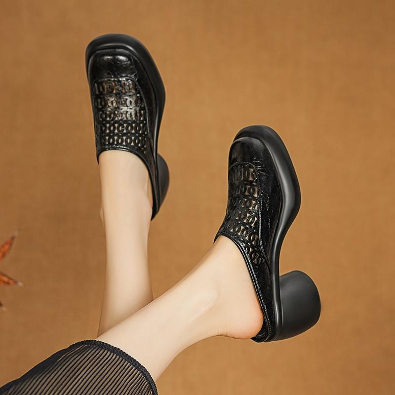 Mode Damen neue Leder Rindsleder Sommer dicke Sohle wasserdicht Plateau High Heels dicke Absätze atmungsaktiv hohle Zehe Mueller Sandalen