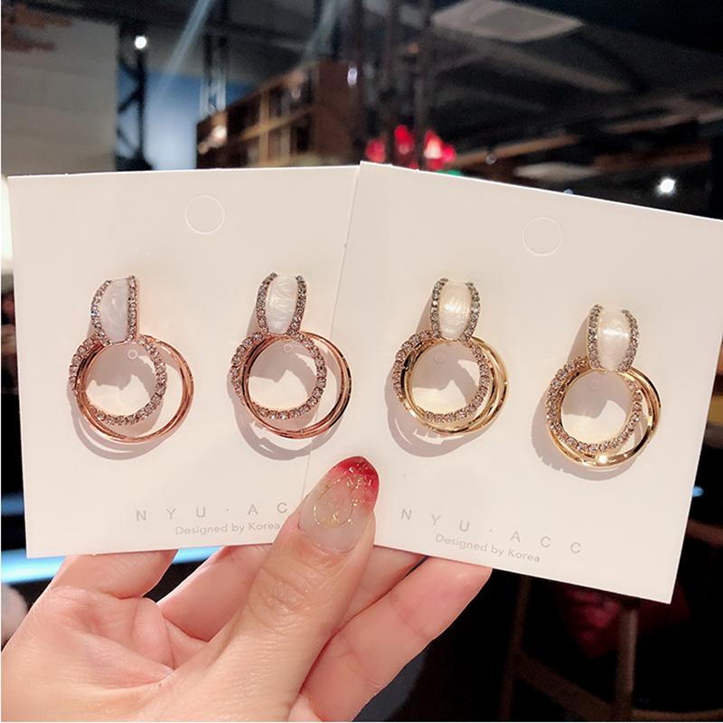 Rscvonm 3 Color Classic Shell Stud Earrings Rose Gold Small Circles Shining Rhinestone Earring For Women Jewelry Bijoux Gift