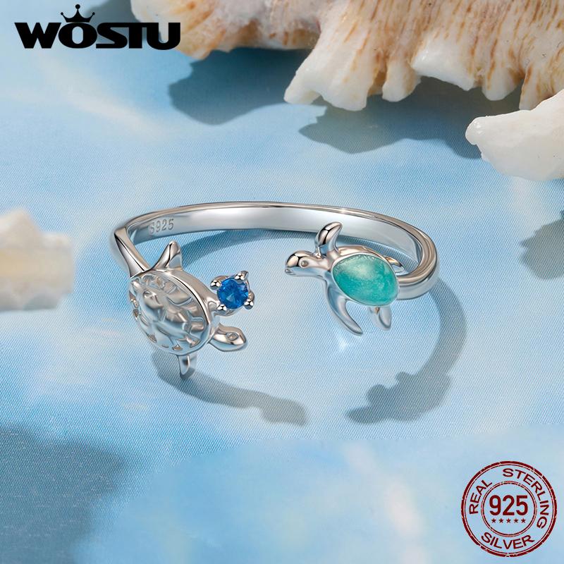 WOSTU 925 Sterling Silber Doppel Schildkröten Ring Für Frauen Meeres Tier Verstellbare Ringe Schmuck für Frauen Natur Fans Urlaube