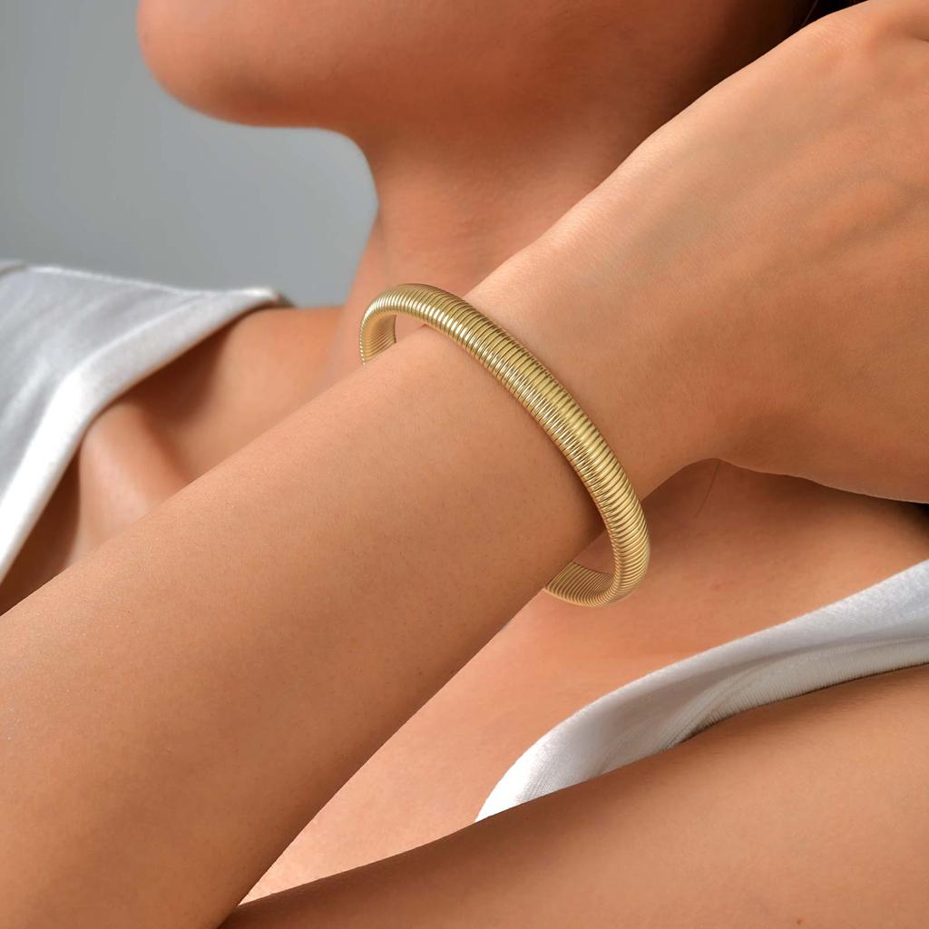 Stainless Steel Elastic Opening Bracelet for Women,Gold Color Waterproof Stripe Bangle Bracelets,Classic Jewelry Gifts