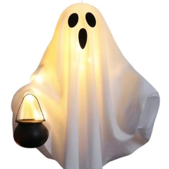 Gruselige Spukhaus-Requisiten Halloween Hängender Geist mit LED-Lichtern, Gruseliges Weißes Gaze Leuchtendes Ornament, LED-Lichter Flexible Figuren für Außenbereich Garten
