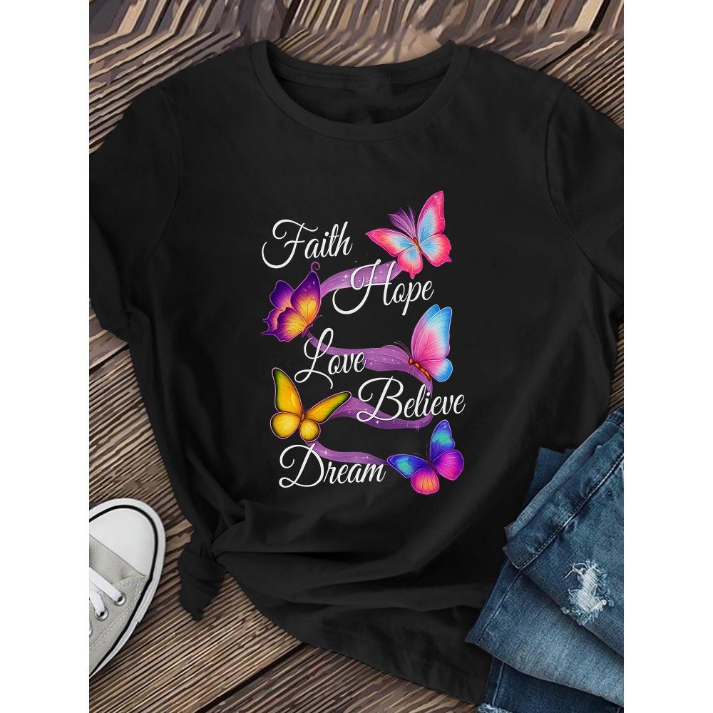 

Women Cotton Short Sleeves T-shirts Faith Hope Love Butterfly Women s Tee Inspirational Graphic Positive Top 3XL