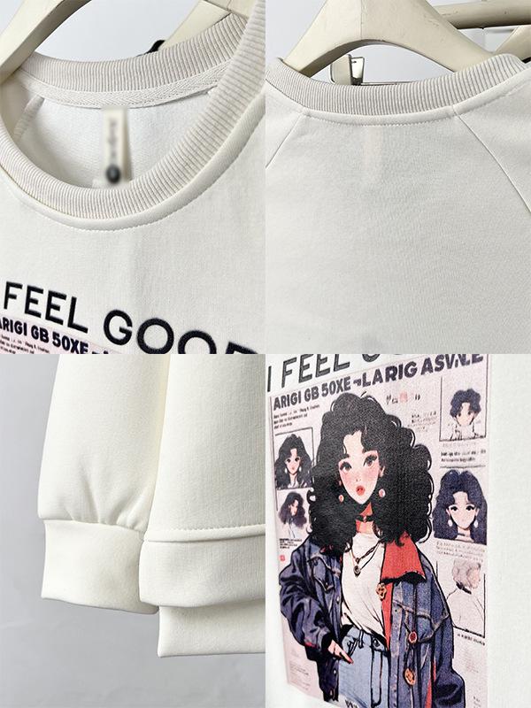 2026 Spring Plus Size Loose Hoodie with Fashionable Woman Print, Round Neck, and Raglan Sleeves