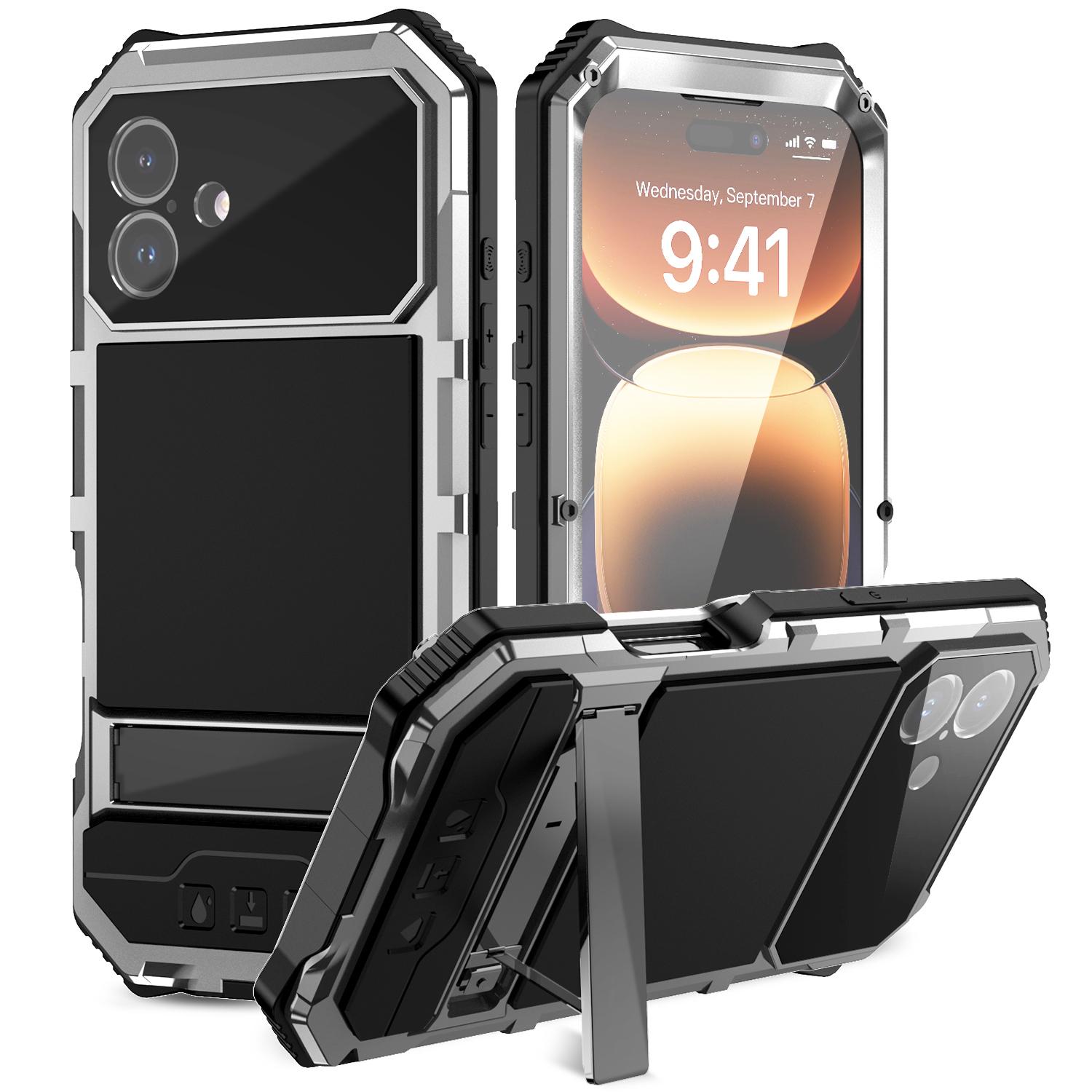 

R-JUST Чохол для iPhone 16 Plus PC+Силікон+Металева підставка Чохол для телефону із захисною плівкою із загартованого скла Silver