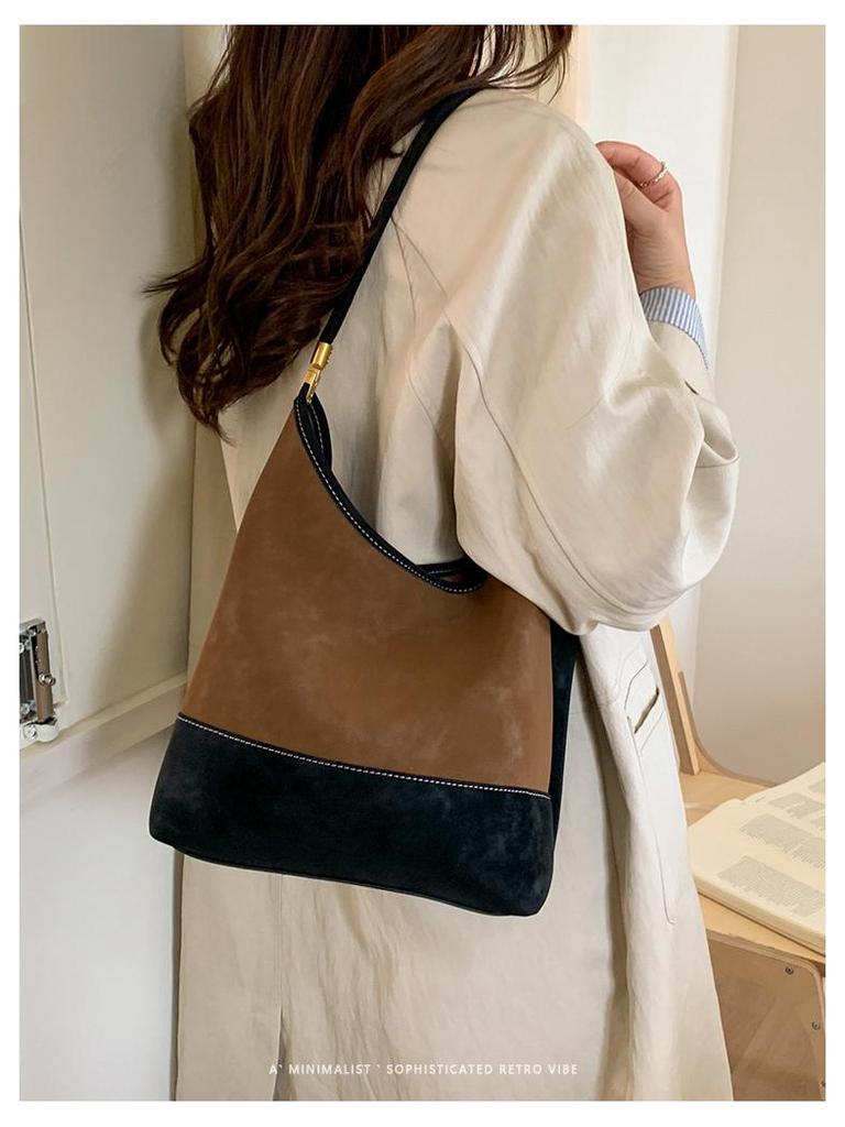 Dam Retro Frostad Mocka Hinkväska - Koreansk Stil Färgblock, Enkel Pendling, 2025 High-End Enkel Axelväska.