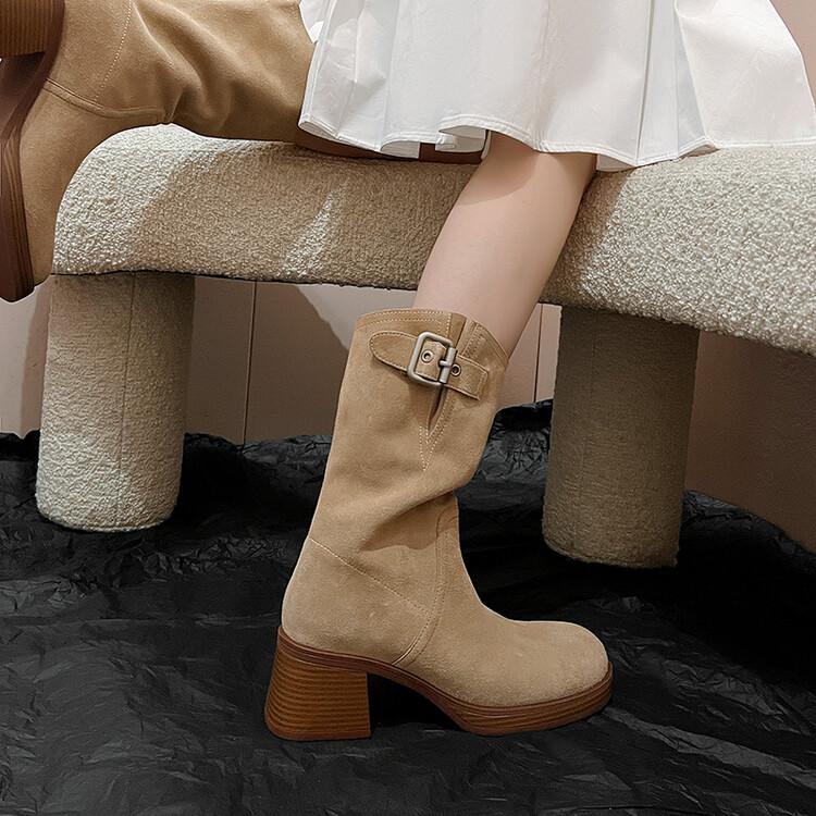 Fashion New Autumn Winter Cow Suede Women Boot Fashion Platform Boots for Women Chunky Heel Mid-calf Boots Ladies Shoes Western Boots