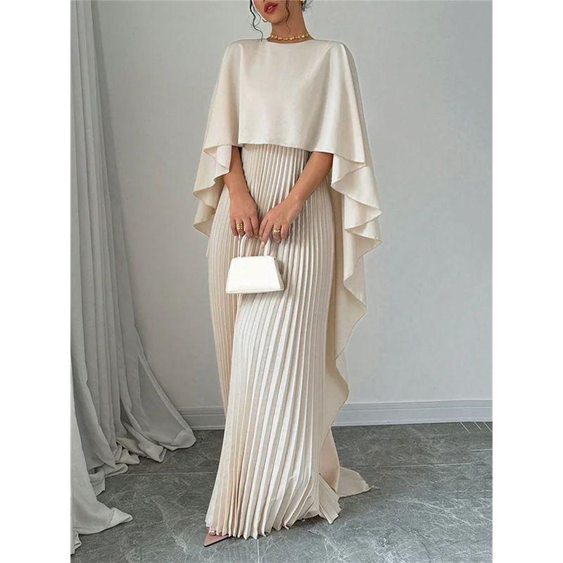 Magic Queen Solid Loose Batwing Sleeve Pleat Irregular Shawl Design Elegant Jumpsuit Long Dress Dresses
