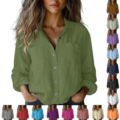 Women's Fashion Solid Color Button Lapel Pocket Casual Shirt Long Sleeve Top