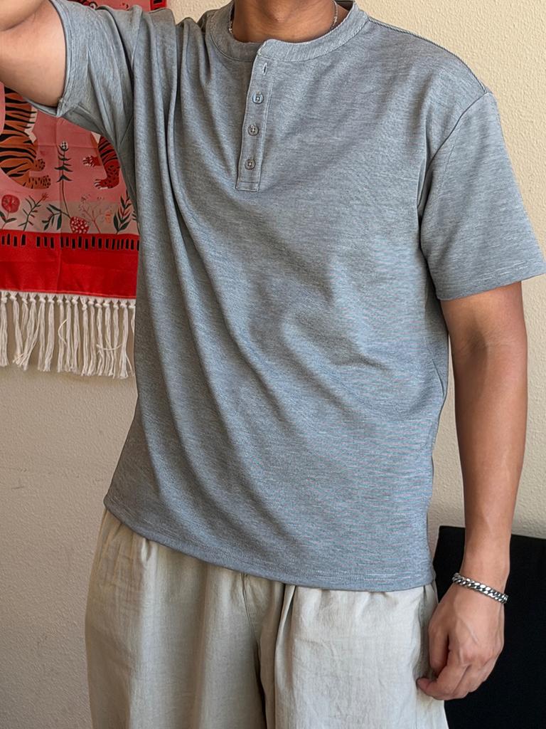 BLOND9 Henley Neck Oversized Short Sleeve T-Shirt_Gray